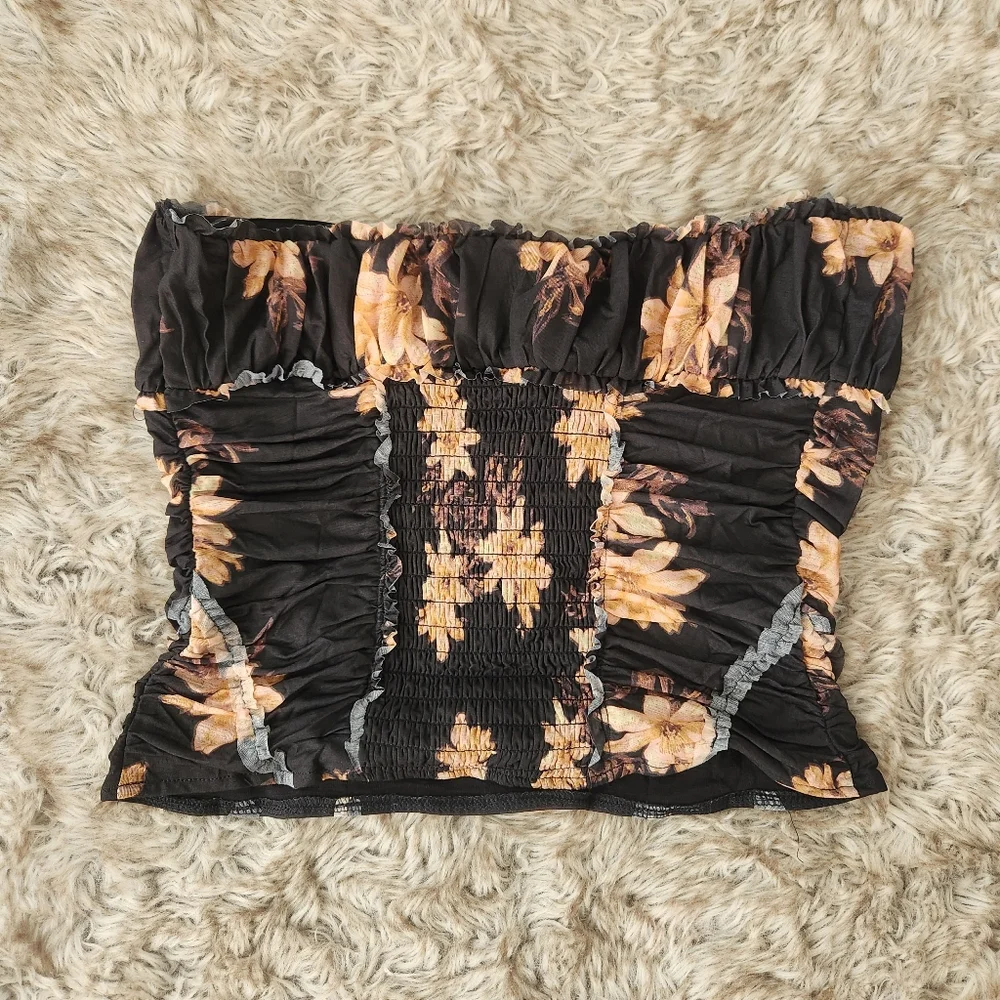 Free People Scottie Printed Tube Top Tropic Night Black‎ Pattern Women's Medium